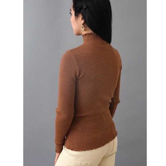 Stretchy Brown Ribbed Knit Lettuce Trim Sweater Top - Picture 2 of 5